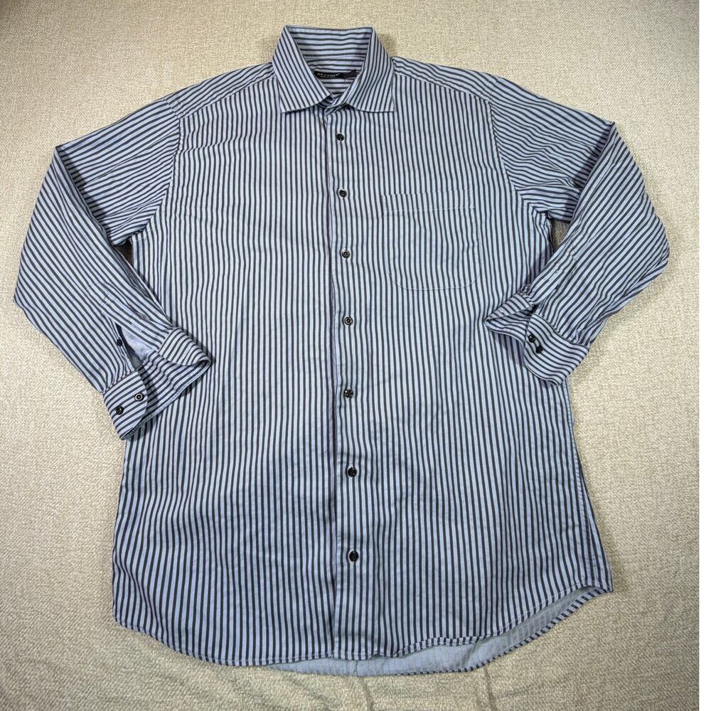 St. Croix Mens Large Tan Blue Striped Long Sleeve Button Front Casual Work Shirt